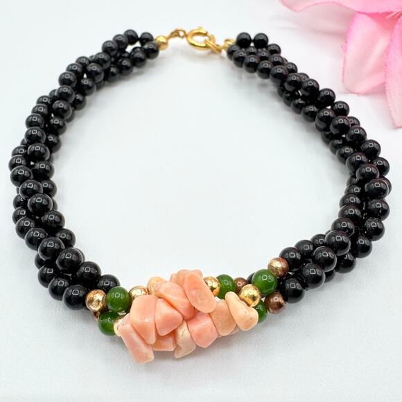 Vintage Coral Chip Beaded Multistrand Bracelet Twisted Strand Black Green Beads - Picture 1 of 8